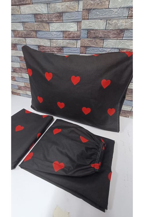 PAMUKLU KALP DESEN ÇİFT KİŞİLİK NEVRESİM TAKIMI (ÇARŞAFI LASTİKLİ) SİYAH