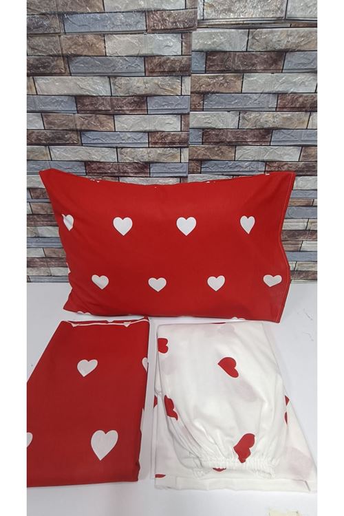 PAMUKLU KALP DESEN ÇİFT KİŞİLİK NEVRESİM TAKIMI (ÇARŞAFI LASTİKLİ) KIRMIZI