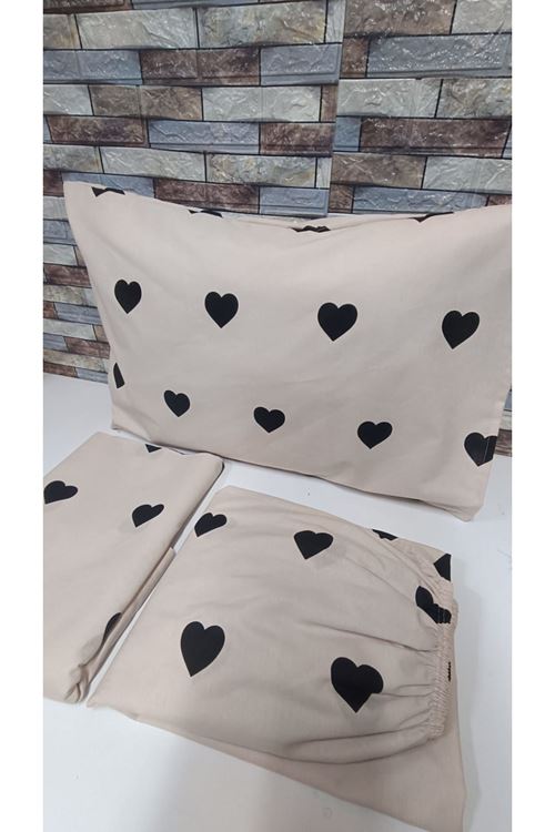 PAMUKLU KALP DESEN ÇİFT KİŞİLİK NEVRESİM TAKIMI (ÇARŞAFI LASTİKLİ) BEJ