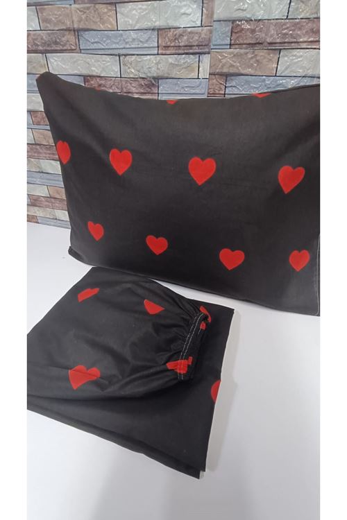 PAMUKLU KALP DESEN ÇİFT KİŞİLİK LASTİKLİ ÇARŞAF TAKIMI SİYAH