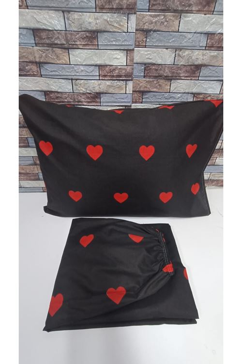 PAMUKLU KALP DESEN ÇİFT KİŞİLİK LASTİKLİ ÇARŞAF TAKIMI SİYAH