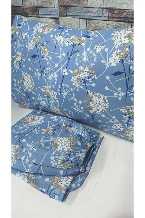 ÇİFT KİŞİLİK PAMUKLU RANFORCE KUMAŞ LASTİKLİ ÇARŞAF TAKIMI Mavi