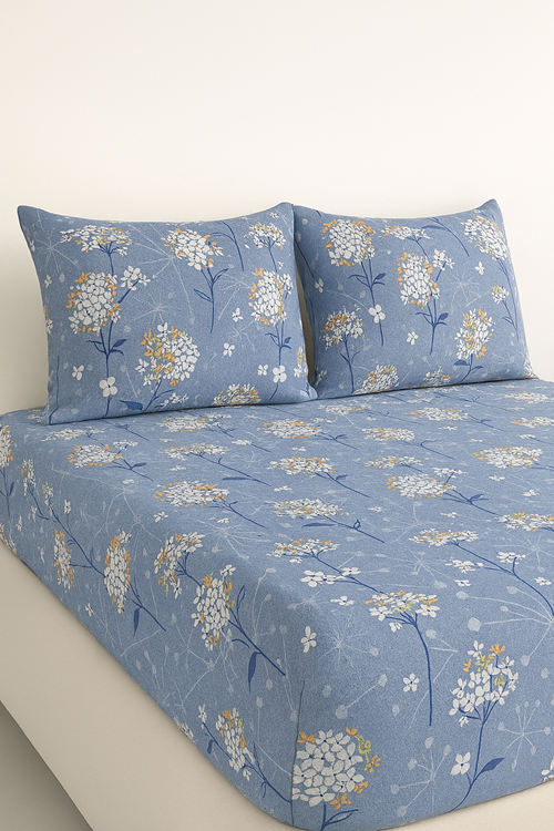 Çift Kişilik Pamuklu Ranforce Kumaş Lastikli Çarşaf Takımı Papatya Mavi