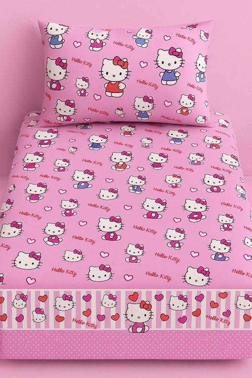 Hello Kitty Pamuklu Kumaş Lastikli Çarşaf Takımı PEMBE