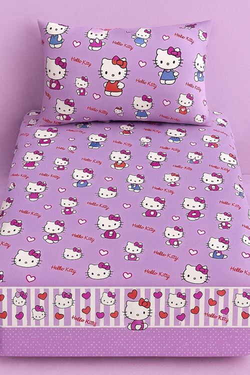 Hello Kitty Pamuklu Kumaş Lastikli Çarşaf Takımı LİLA