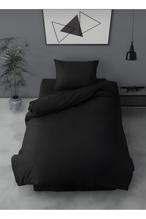 Ranforce Tek Kişilik Lastikli Çarşaflı Nevresim Takımı Simple Siyah