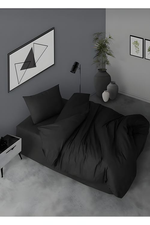Ranforce Tek Kişilik Lastikli Çarşaflı Nevresim Takımı Simple Siyah