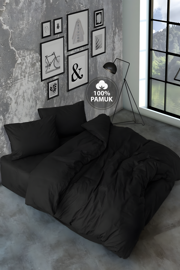 Ranforce Çift Kişilik Lastikli Çarşaflı Nevresim Takımı Simple Siyah