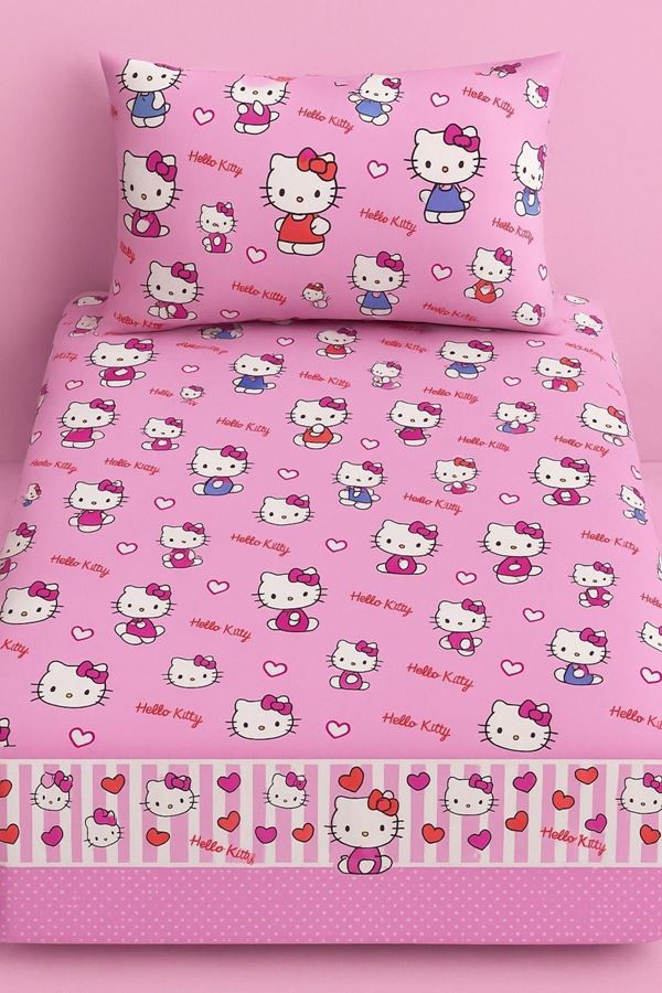 Kız Çocukları İçin Tek Kişilik Çarşafı Lastikli Nevresim Takımı Pembe hello kitty