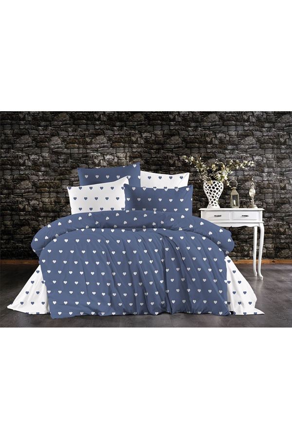 PAMUKLU KALP DESEN TEK KİŞİLİK NEVRESİM TAKIMI (ÇARŞAFI LASTİKLİ) MAVİ