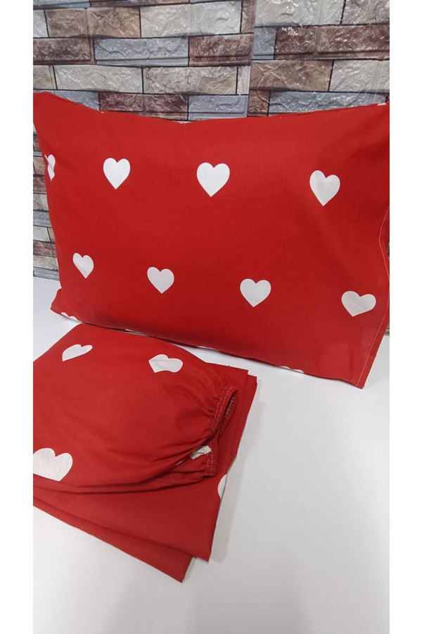PAMUKLU KALP DESEN ÇİFT KİŞİLİK LASTİKLİ ÇARŞAF TAKIMI KIRMIZI