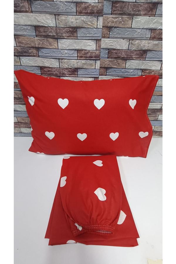 PAMUKLU KALP DESEN ÇİFT KİŞİLİK LASTİKLİ ÇARŞAF TAKIMI KIRMIZI