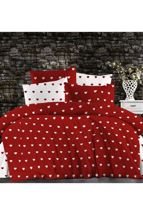 PAMUKLU KALP DESEN ÇİFT KİŞİLİK LASTİKLİ ÇARŞAF TAKIMI KIRMIZI