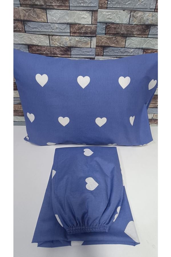 PAMUKLU KALP DESEN ÇİFT KİŞİLİK LASTİKLİ ÇARŞAF TAKIMI MAVİ BEYAZ