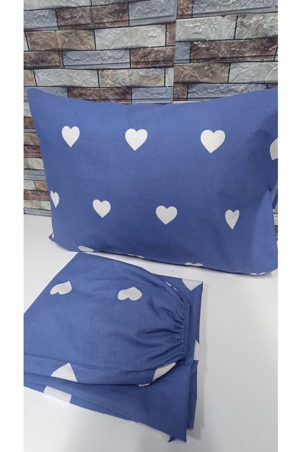 PAMUKLU KALP DESEN ÇİFT KİŞİLİK LASTİKLİ ÇARŞAF TAKIMI MAVİ BEYAZ