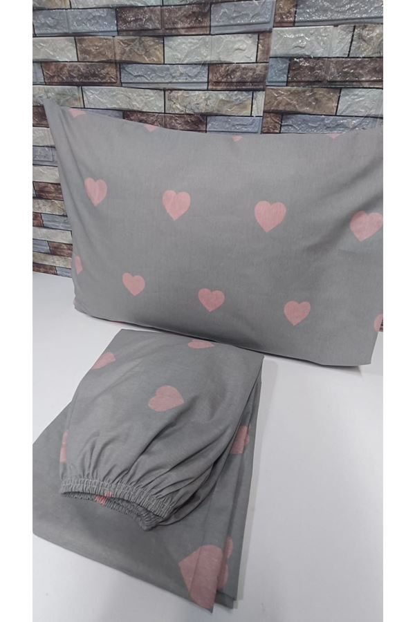 PAMUKLU KALP DESEN ÇİFT KİŞİLİK LASTİKLİ ÇARŞAF TAKIMI GRİ