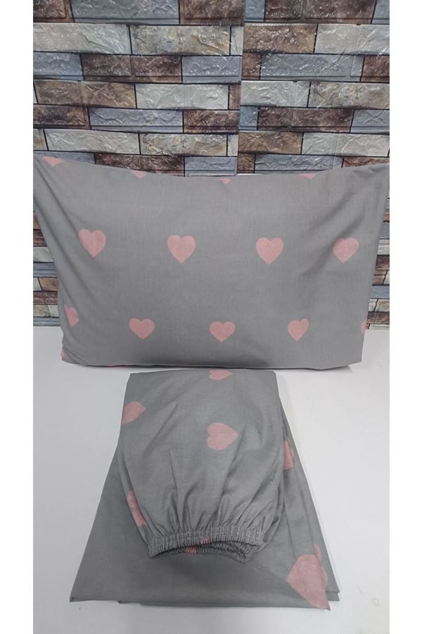 PAMUKLU KALP DESEN ÇİFT KİŞİLİK LASTİKLİ ÇARŞAF TAKIMI GRİ