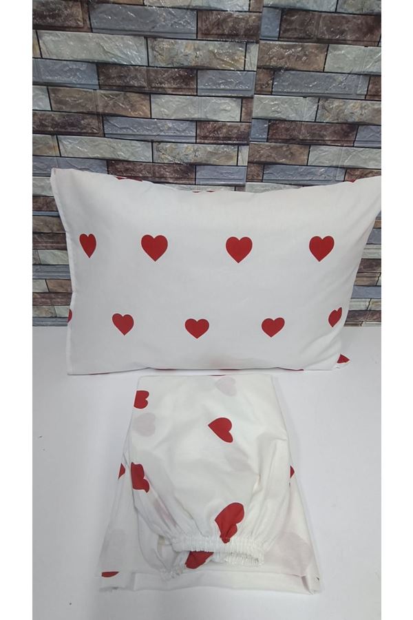PAMUKLU KALP DESEN ÇİFT KİŞİLİK LASTİKLİ ÇARŞAF TAKIMI BEYAZ KIRMIZI