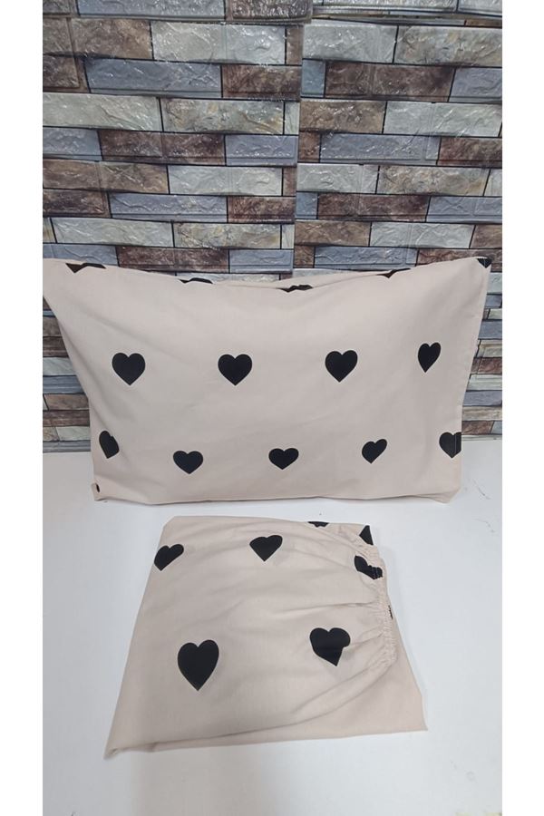 PAMUKLU KALP DESEN ÇİFT KİŞİLİK LASTİKLİ ÇARŞAF TAKIMI BEJ