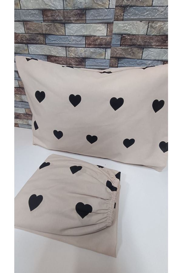 PAMUKLU KALP DESEN ÇİFT KİŞİLİK LASTİKLİ ÇARŞAF TAKIMI BEJ