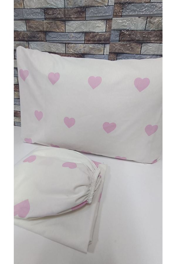 PAMUKLU KALP DESEN ÇİFT KİŞİLİK LASTİKLİ ÇARŞAF TAKIMI PEMBE BEYAZ