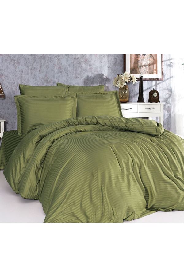 5 Yıldızlı Lüx Otel Tipi Tek Kişilik Lastikli Çizgili Pamuk Saten Nevresim Takımı Haki