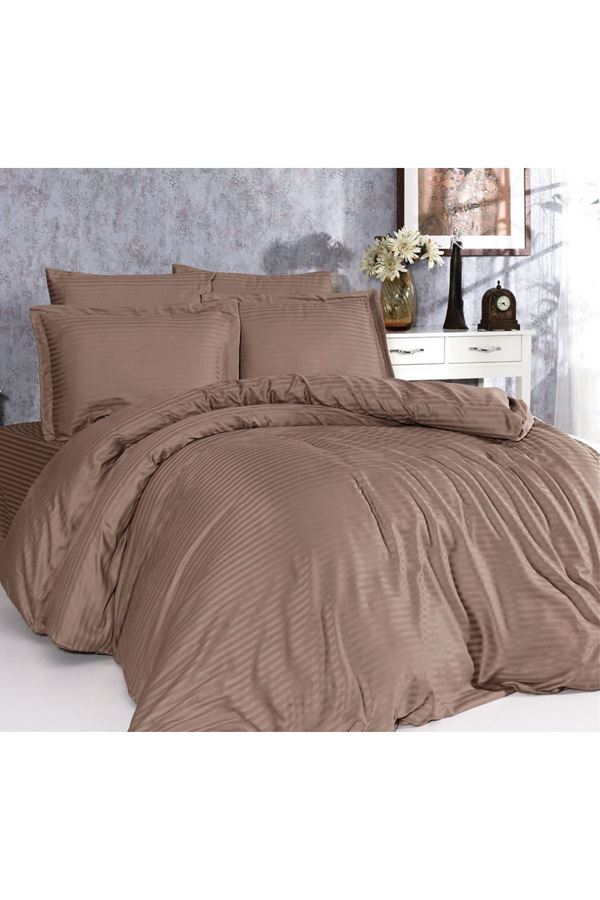 5 Yıldızlı Lüx Otel Tipi Çift Kişilik Lastikli Çizgili Pamuk Saten Nevresim Takımı SÜTLÜ KAHVE RENGİ