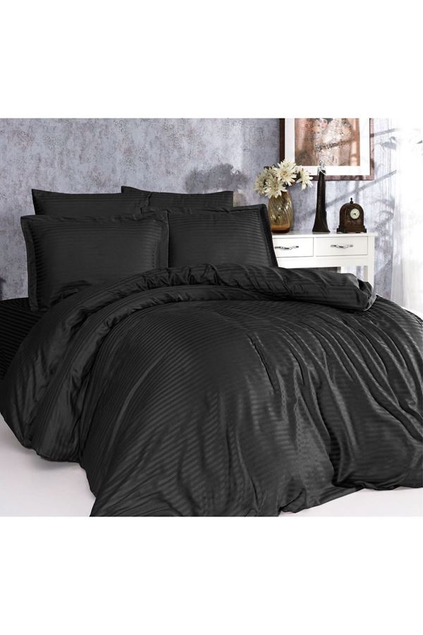 5 Yıldızlı Lüx Otel Tipi Çift Kişilik Lastikli Çizgili Pamuk Saten Nevresim Takımı SIYAH