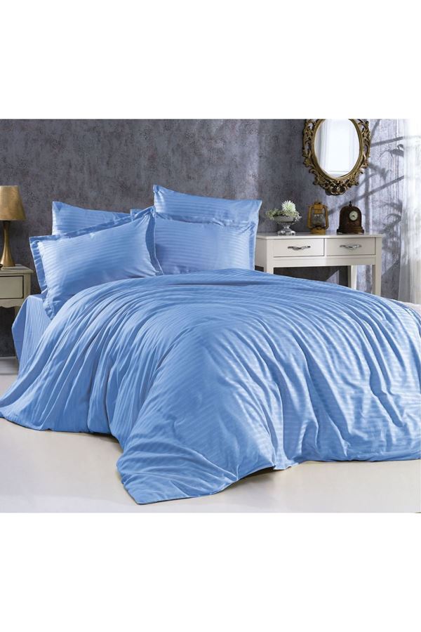 5 Yıldızlı Lüx Otel Tipi Çift Kişilik Lastikli Çizgili Pamuk Saten Nevresim Takımı MAVI