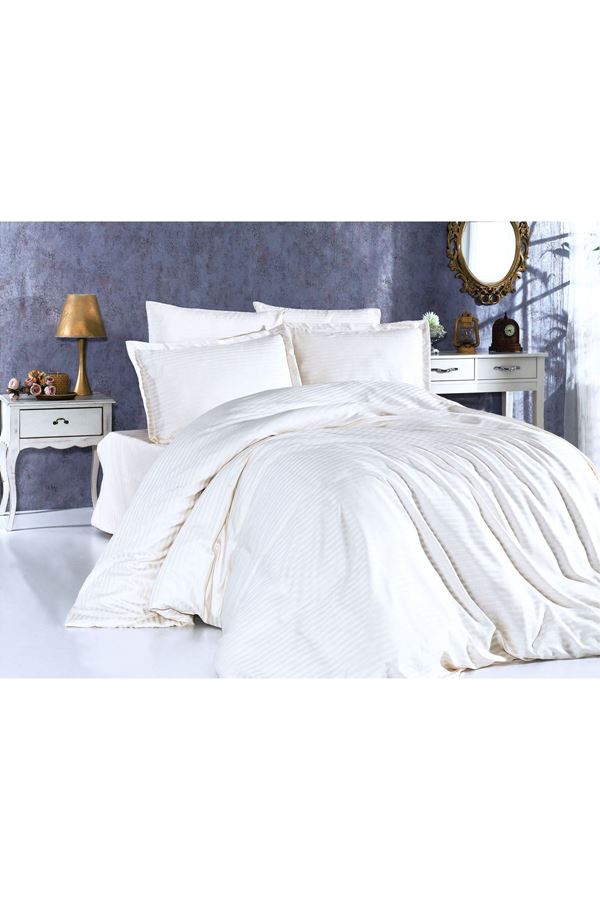 5 Yıldızlı Lüx Otel Tipi Çift Kişilik Lastikli Çizgili Pamuk Saten Nevresim Takımı BEYAZ