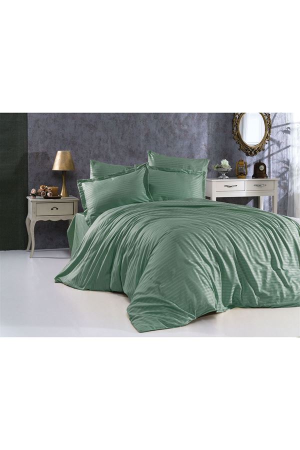 5 Yıldızlı Lüx Otel Tipi Çift Kişilik Lastikli Çizgili Pamuk Saten Nevresim Takımı YESIL