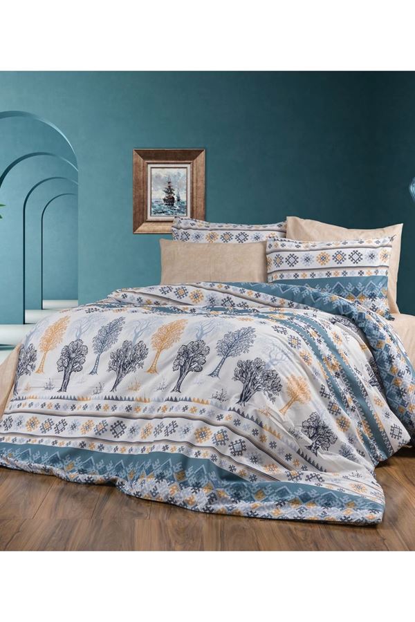 ÇİFT KİŞİLİK PAMUKLU AĞAÇ DESEN NEVRESİM TAKIMI ( ÇARŞAF LASTİKLİ ) MAVİ