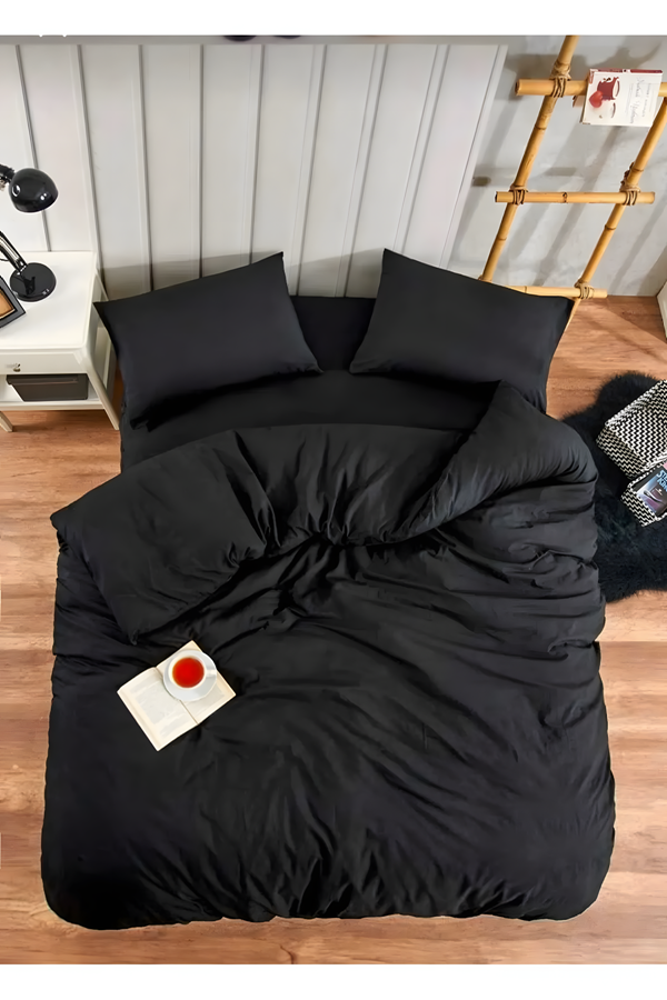 ÇİFT KİŞİLİK PAMUKLU ÇARŞAFI LASTİKLİ NEVRESİM TAKIMI DÜZ RENK SİYAH