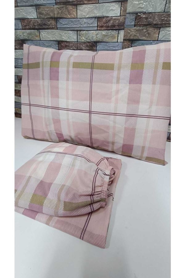 TEK KİŞİLİK PAMUKLU LASTİKLİ ÇARŞAF TAKIMI 100X200 & 120X200 PUDRA EKOSE