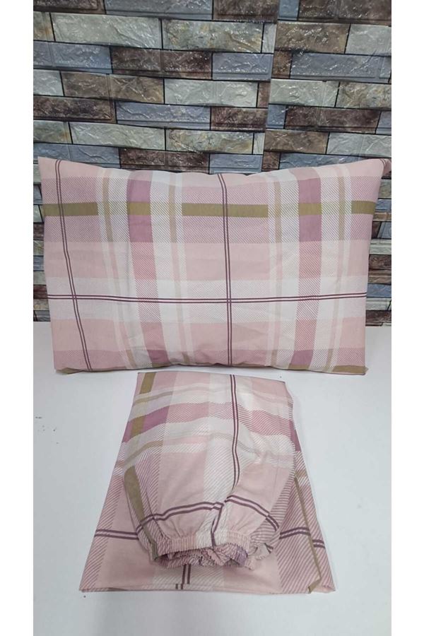 TEK KİŞİLİK PAMUKLU LASTİKLİ ÇARŞAF TAKIMI 100X200 & 120X200 PUDRA EKOSE