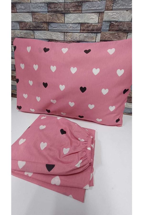 TEK KİŞİLİK PAMUKLU LASTİKLİ ÇARŞAF TAKIMI 100X200 & 120X200 PEMBE KALP