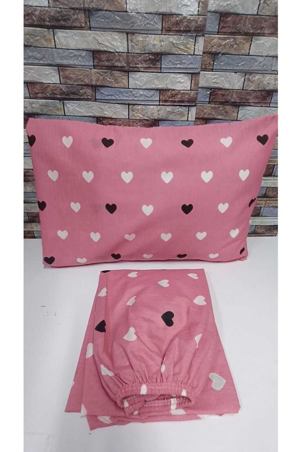 TEK KİŞİLİK PAMUKLU LASTİKLİ ÇARŞAF TAKIMI 100X200 & 120X200 PEMBE KALP