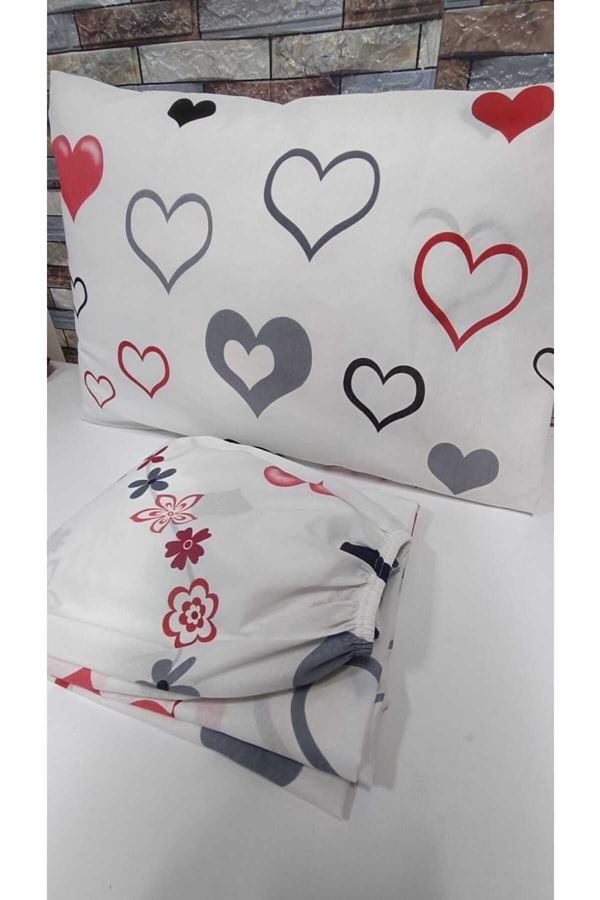 TEK KİŞİLİK PAMUKLU LASTİKLİ ÇARŞAF TAKIMI 100X200 & 120X200 KIRMIZI KALP