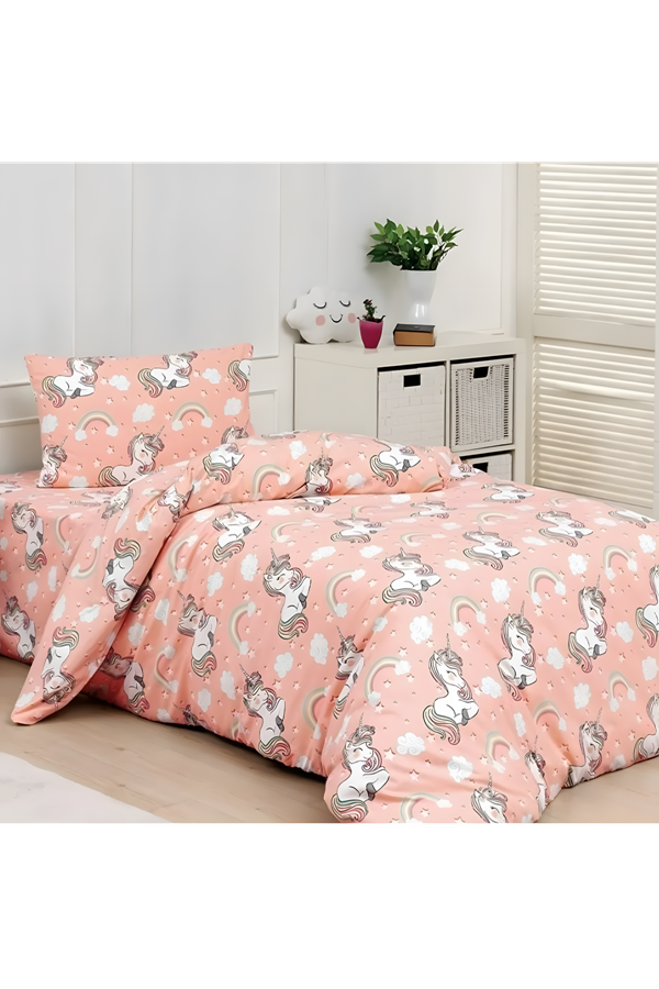 Kız Çocukları İçin Tek Kişilik Çarşafı Lastikli Nevresim Takımı Turuncu unicorn