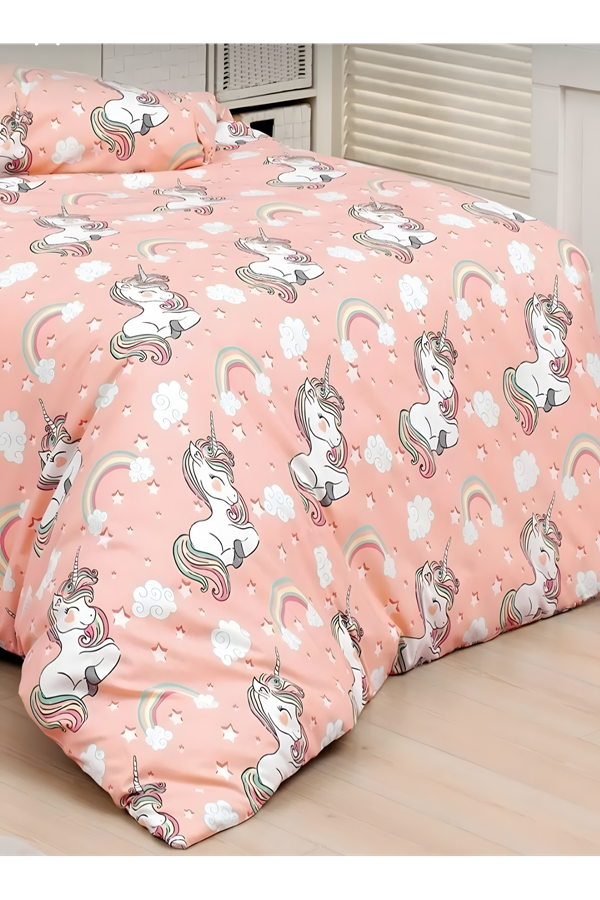 Kız Çocukları İçin Tek Kişilik Çarşafı Lastikli Nevresim Takımı Turuncu unicorn