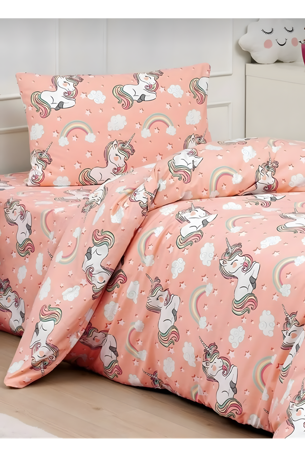 Kız Çocukları İçin Tek Kişilik Çarşafı Lastikli Nevresim Takımı Turuncu unicorn