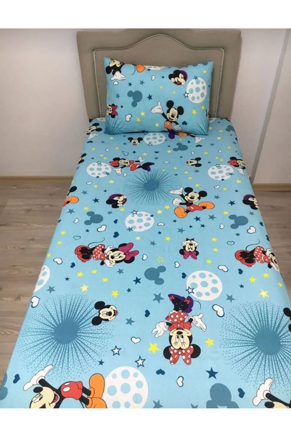 Kız Çocukları İçin Tek Kişilik Çarşafı Lastikli Nevresim Takımı Mavi Mickey Mouse