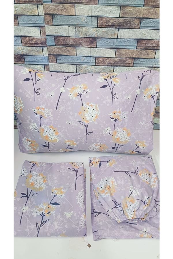Çift Kişilik Çarşafı Lastikli Pamuklu Ranforce Kumaş Nevresim Takımı Papatya Lila