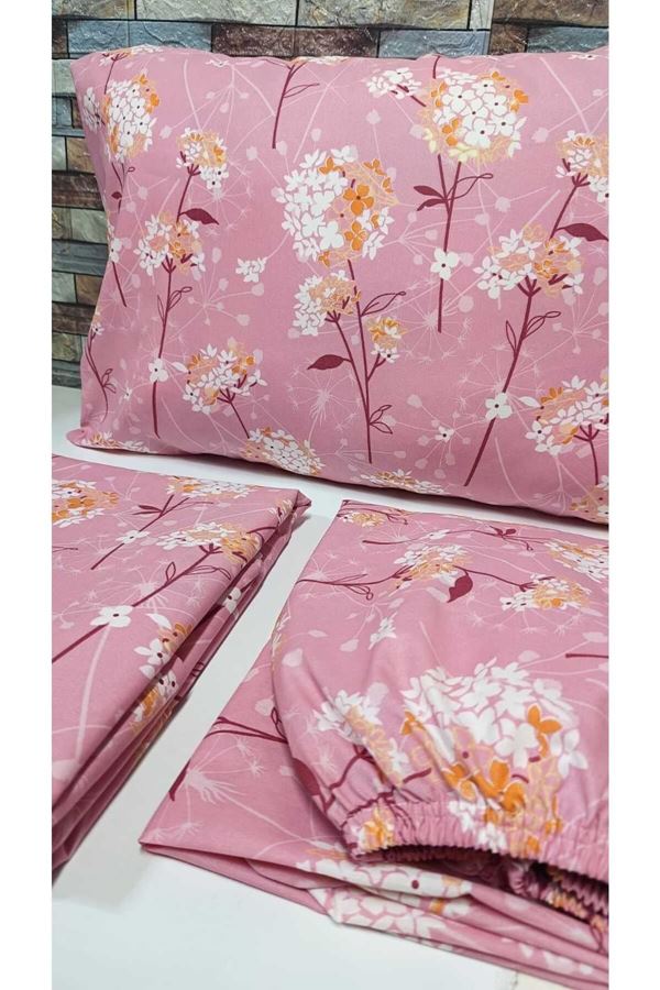 Tek Kişilik Çarşafı Lastikli Pamuklu Ranforce Kumaş Nevresim Takımı Papatya Pembe