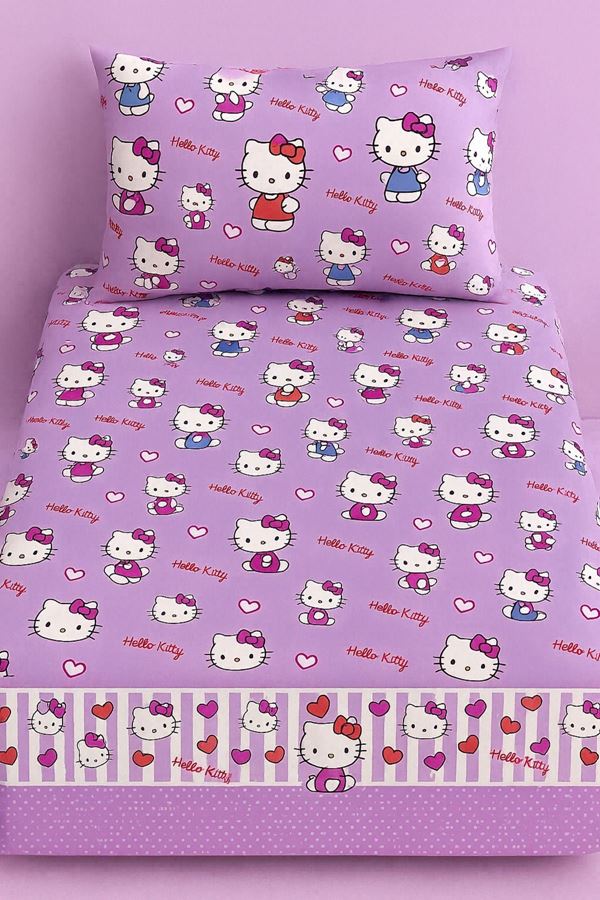 Hello Kitty Pamuklu Kumaş Nevresim Takımı ( Çarşafı Lastikli ) LİLA