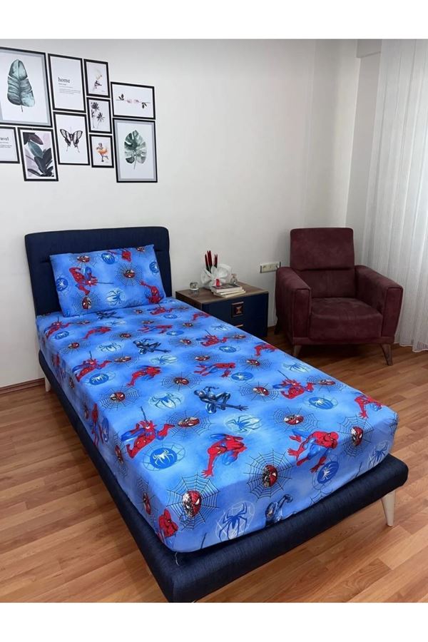 ÖRÜMCEK ADAM PAMUKLU TEK KİŞİLİK LASTİKLİ ÇARŞAF TAKIMI MAVİ