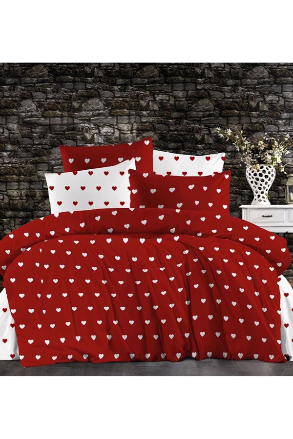 180X200 Yataklar İçin Battal Boy Nevresim Takımı ( Çarşafı Lastikli ) Kırmızı kalp