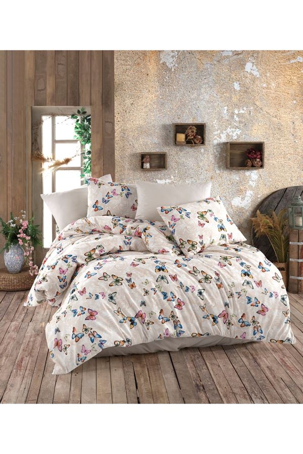 180X200 Yataklar İçin Battal Boy Nevresim Takımı ( Çarşafı Lastikli ) Ekru kelebek