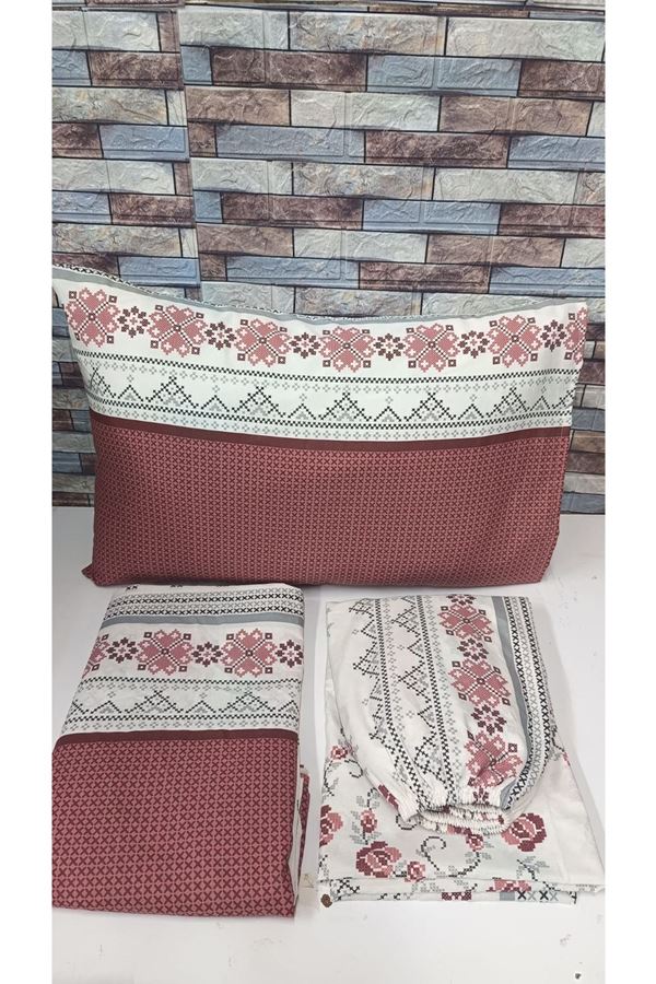 Çift Kişilik Kanaviçe Desen Pamuklu Nevresim Takımı ( Çarşafı Lastikli ) Kiremit