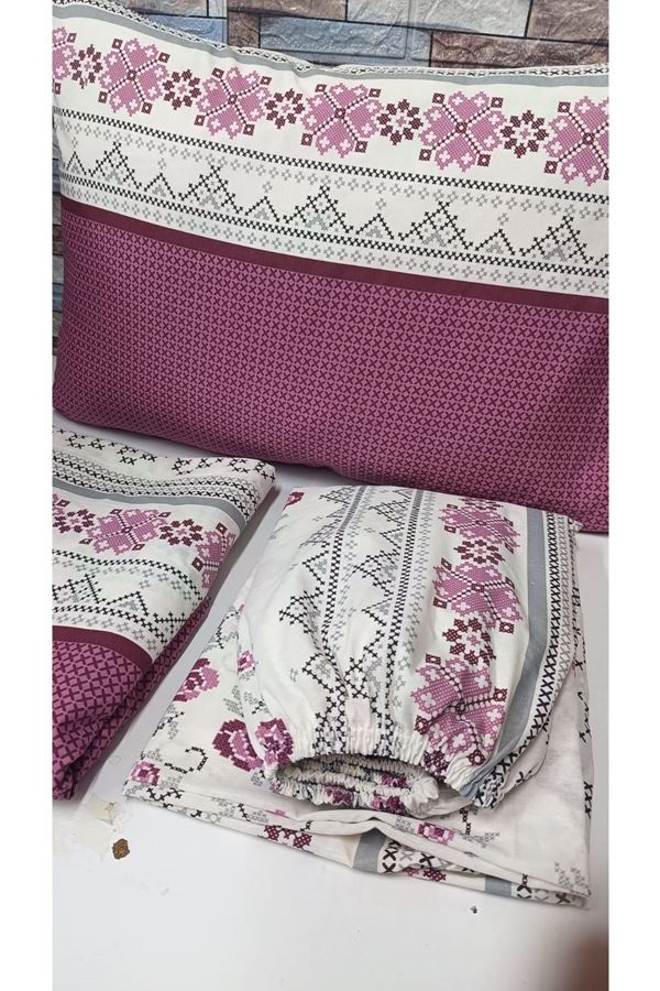 Çift Kişilik Kanaviçe Desen Pamuklu Nevresim Takımı ( Çarşafı Lastikli ) Gülkurusu